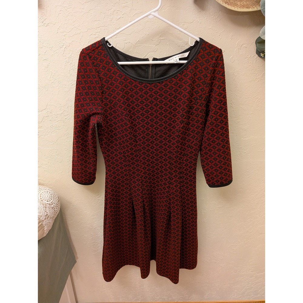 Max Studio Women's Red Black Geometric Print‎ 3/4 Sleeve Fit Flare Dress Size S